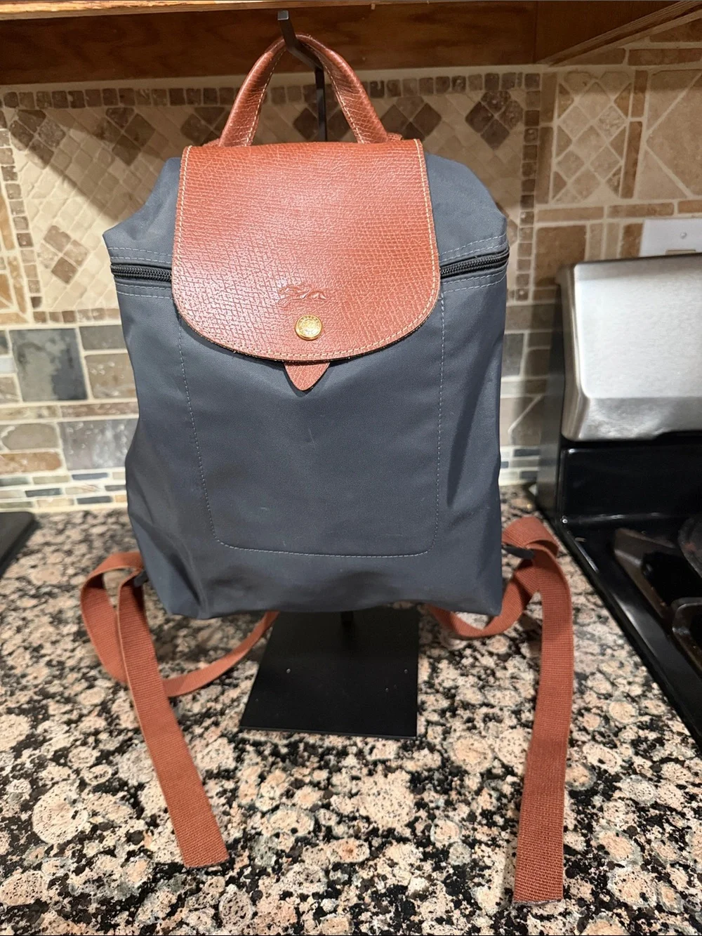 Long champ grey book bag with Brown Leather Trim
